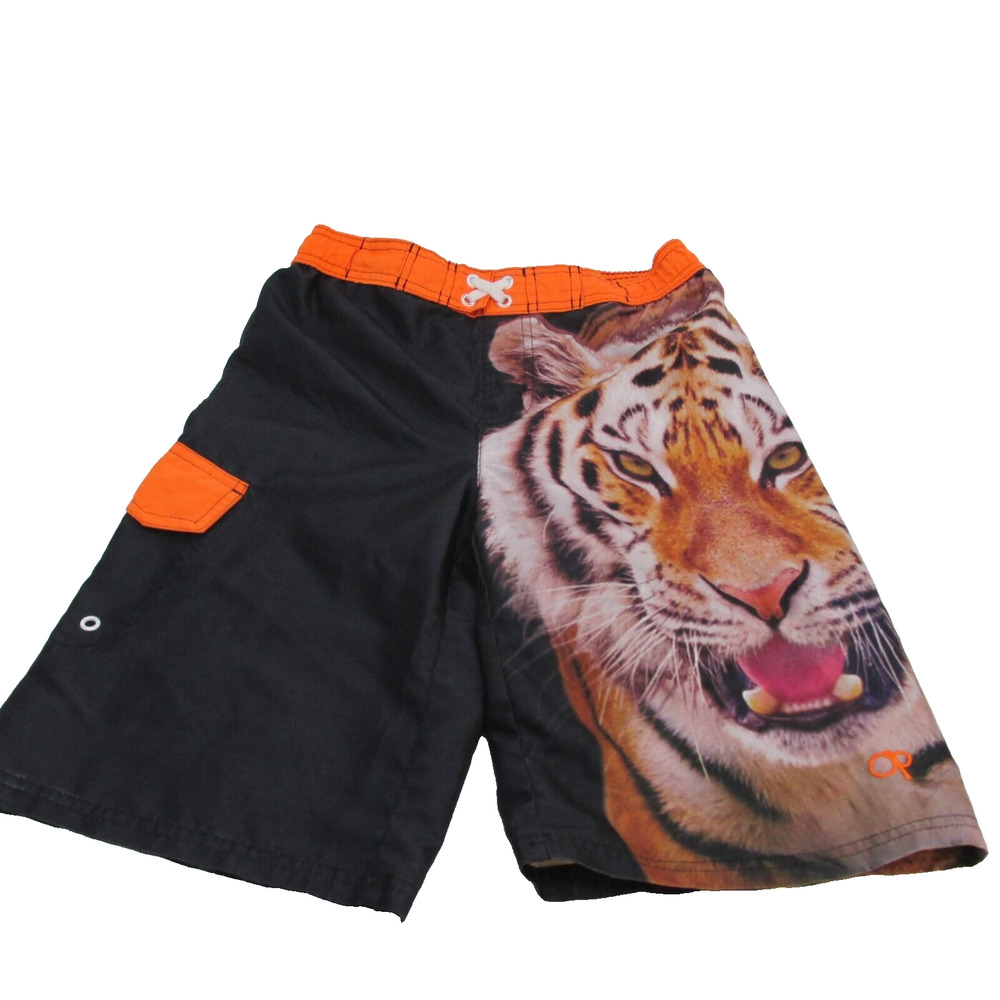 OP Shorts Boys 10-12 Black Orange Tiger Cat Lined Swim Suit Trunks